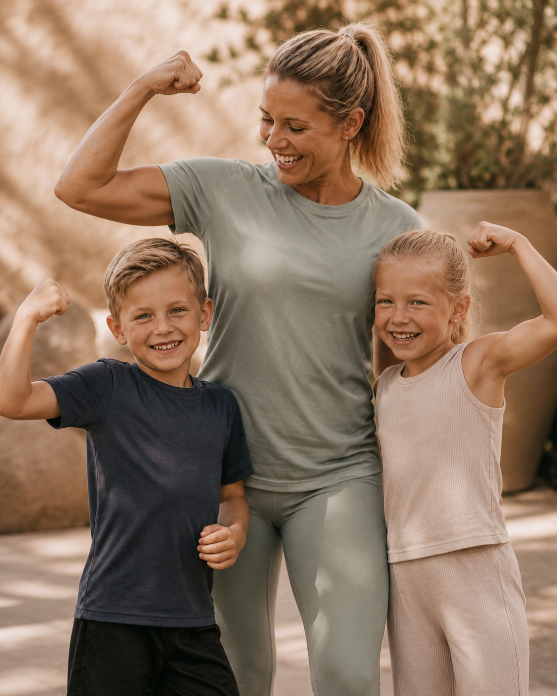 Fitte moeder in sportshirt speelt lachend buiten met haar kind